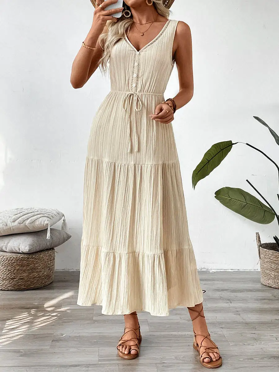 Waisted Pleated Buttoned Neck Maxi Dress