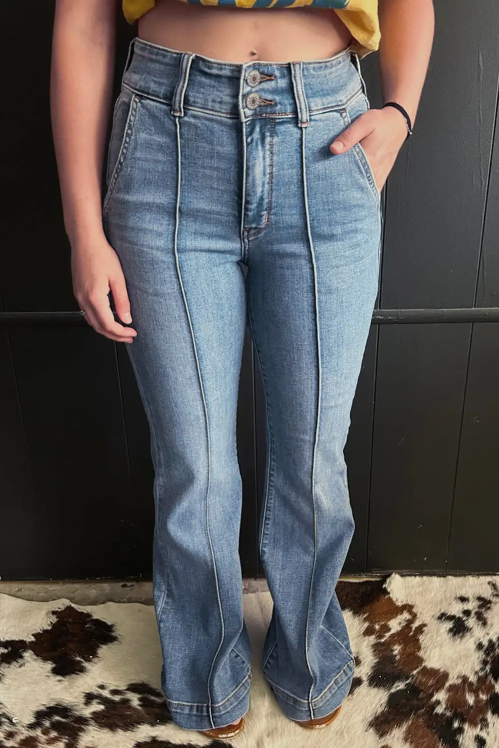 Button High Waist Piping Trim Bootcut Jeans
