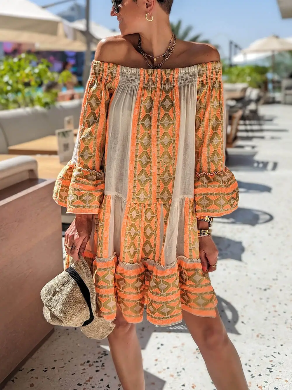 Linen Blend Ethnic Print Off Mini Dress