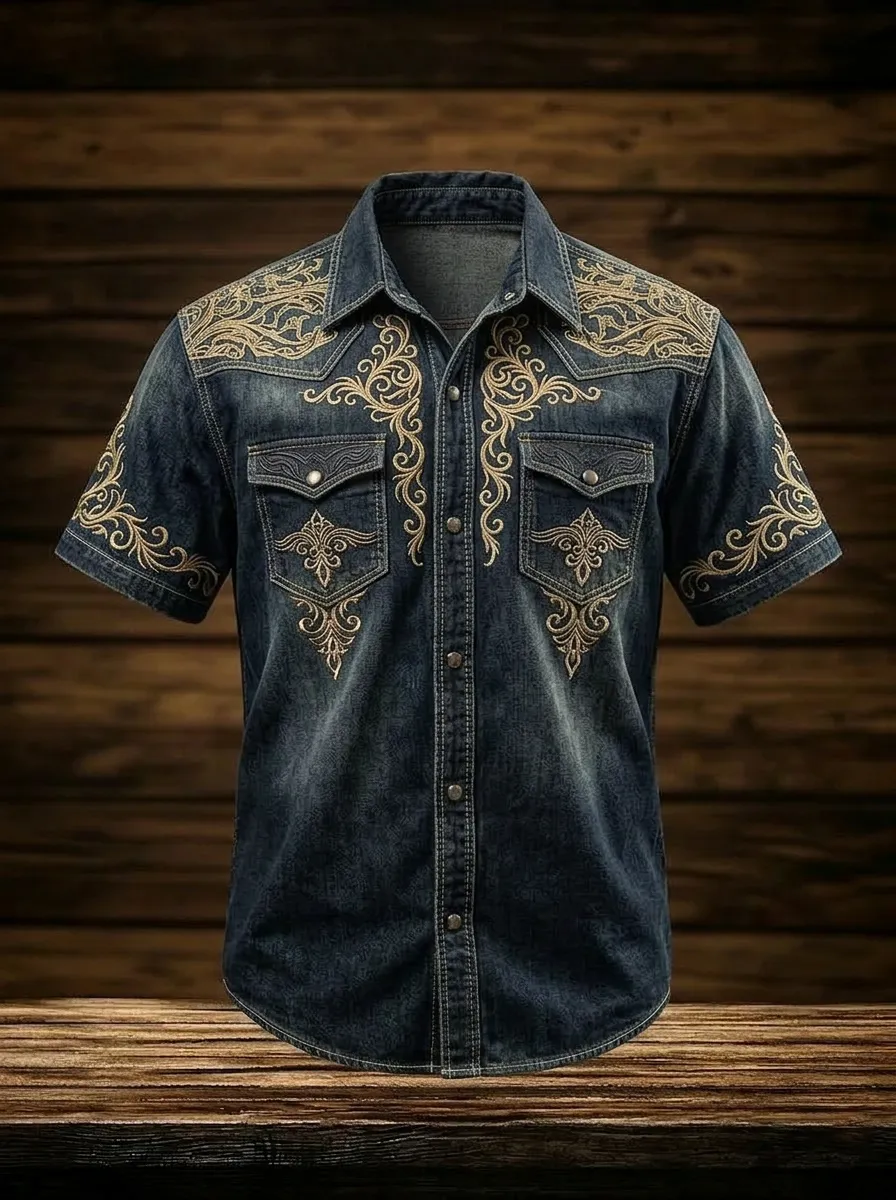 Men's Western Cowboy Filigree Embroidered Denim Shirt