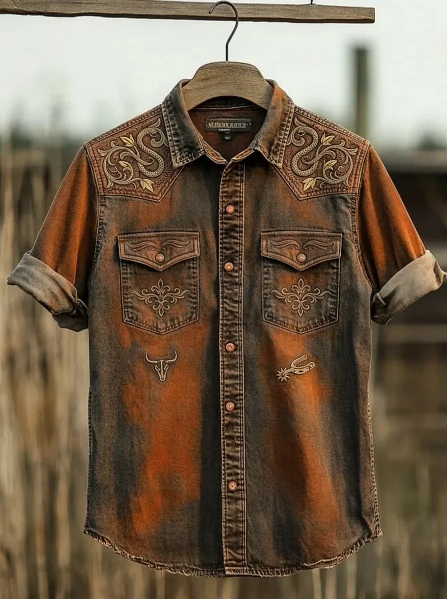 Men's Western Cowboy Bull Skull Spur Embroidered Printed Shirt