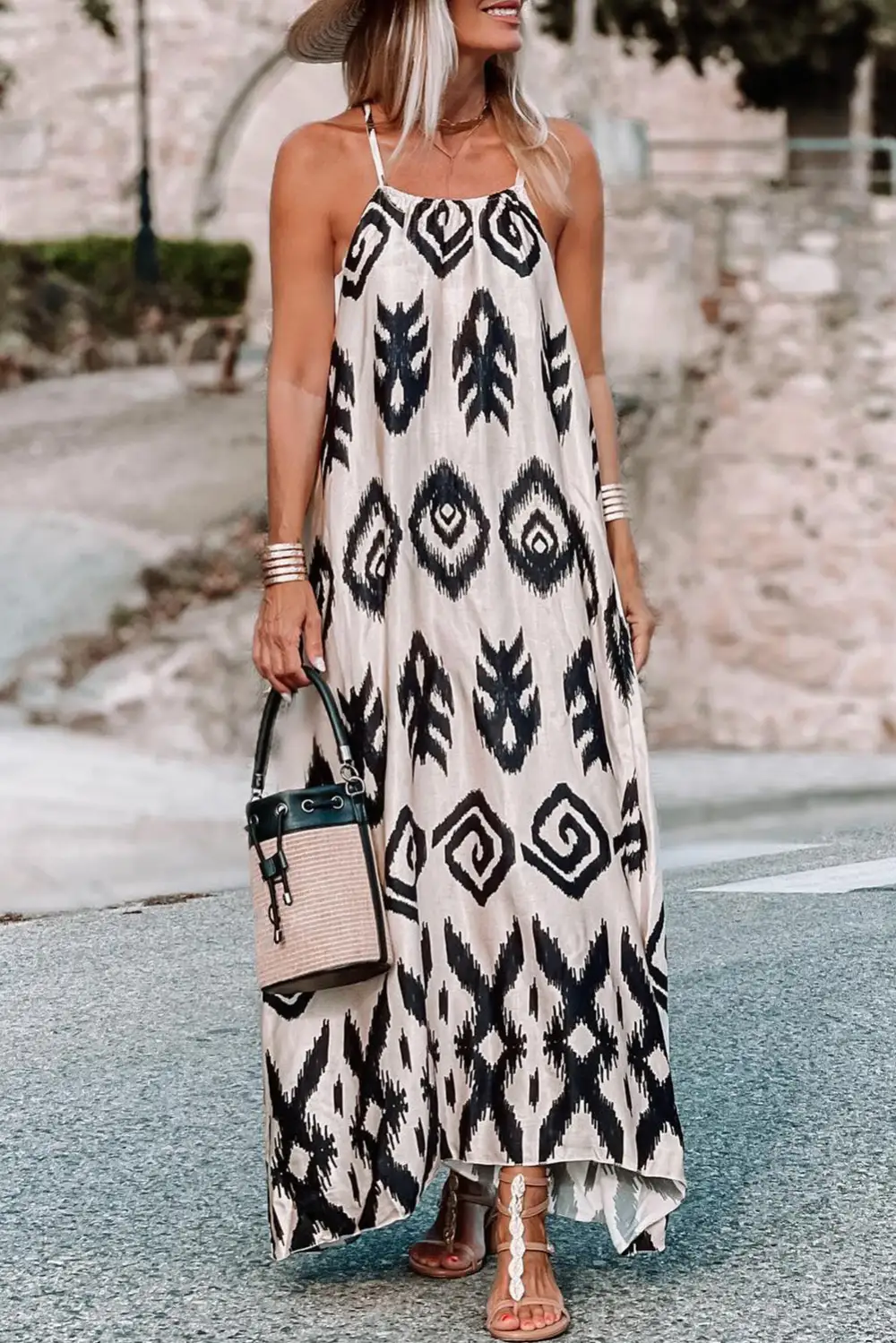 Spaghetti Strap Backless Print Dress
