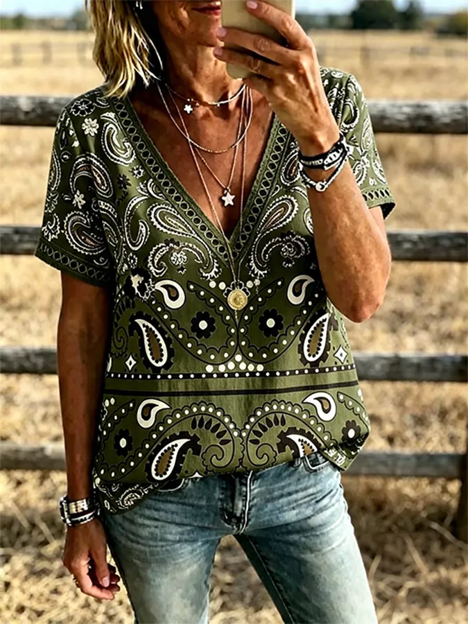 Women's Paisley Print V Neck Trim Short Sleeve Boho Western Shirt