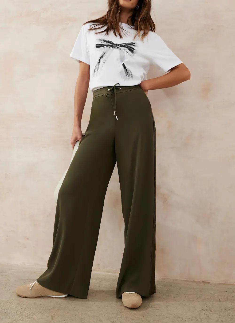 Casual Style Khaki Side Stripe Wide Trousers