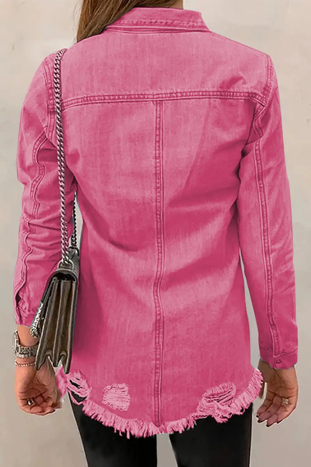 Distressed Raw-hem Snap-front Denim Jacket
