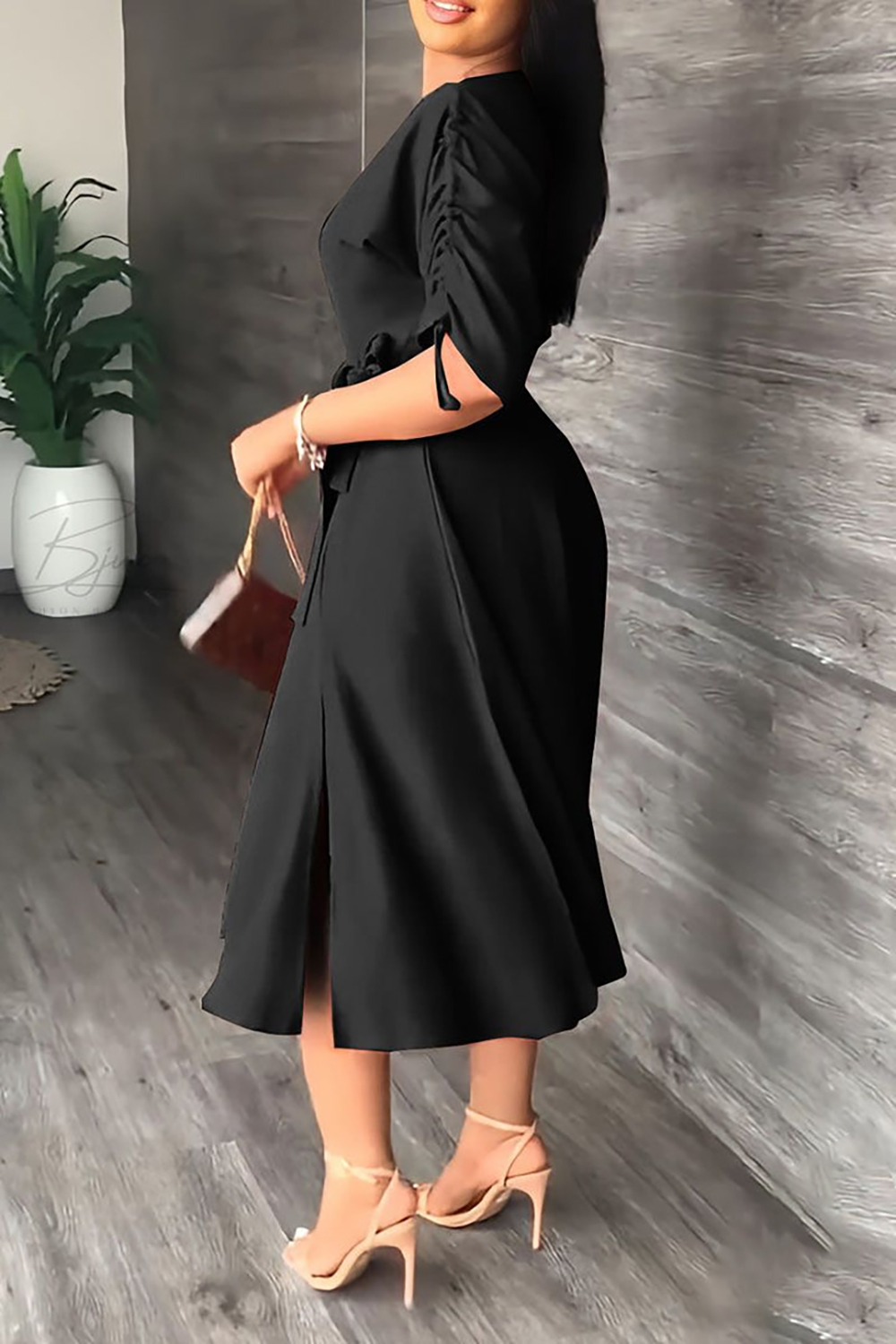 Plus Size Black Business Casual Solid Drawstring Oblique Collar Midi Dresses [New]