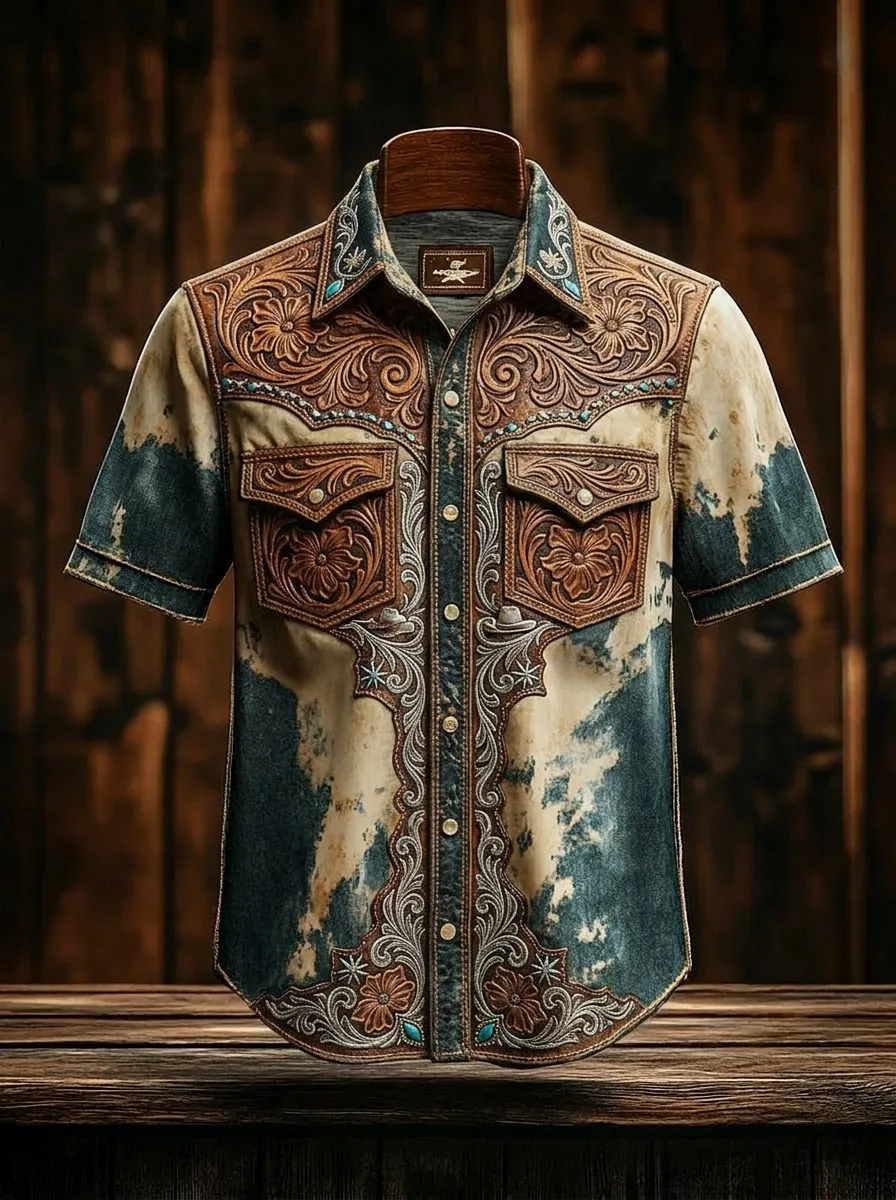 Men's Western Cowboy Floral Tooled Leather Print Acid Wash Shirt