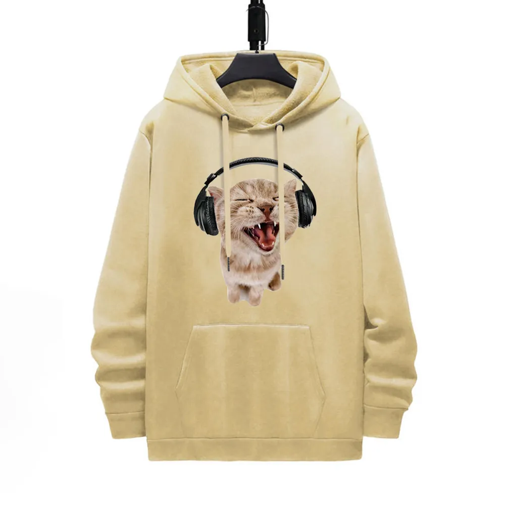CUTE CAT LISTENING MUSIC PATTERN PRINTED HOODIE