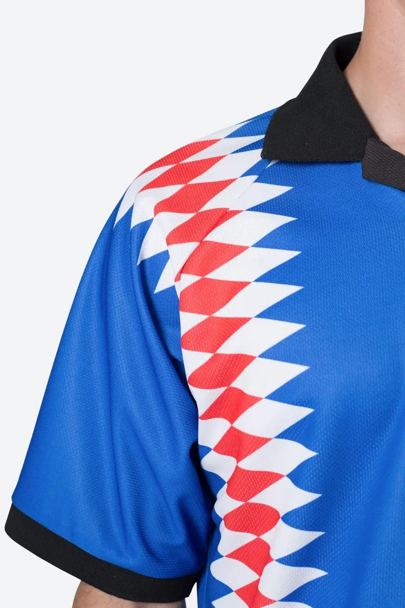 BLUE WITH RED AND WHITE PATTERN POLO SHIRT