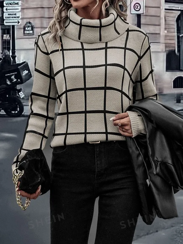 Women's Plaid High-Neck Long-Sleeve Knit Sweater
