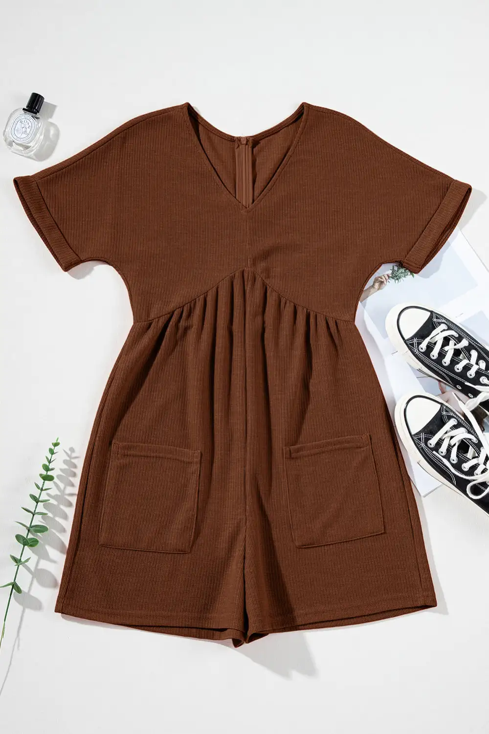 Knit V Neck Zipped Loose Romper