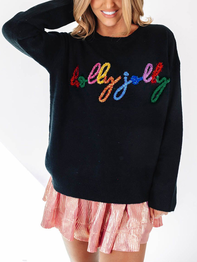 Black Holly Jolly Round Neck Casual Sweater