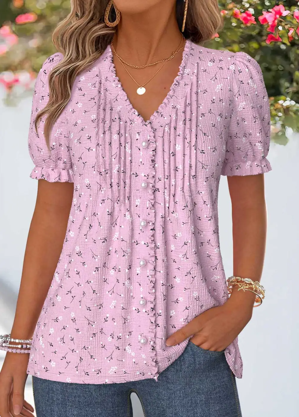 Red Geometric Print Frill Short Sleeve T Shirt