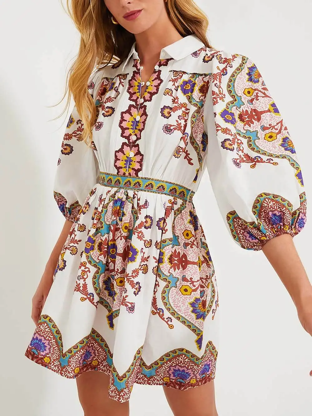 Unique Print Puff Sleeve Pocketed Mini Dress