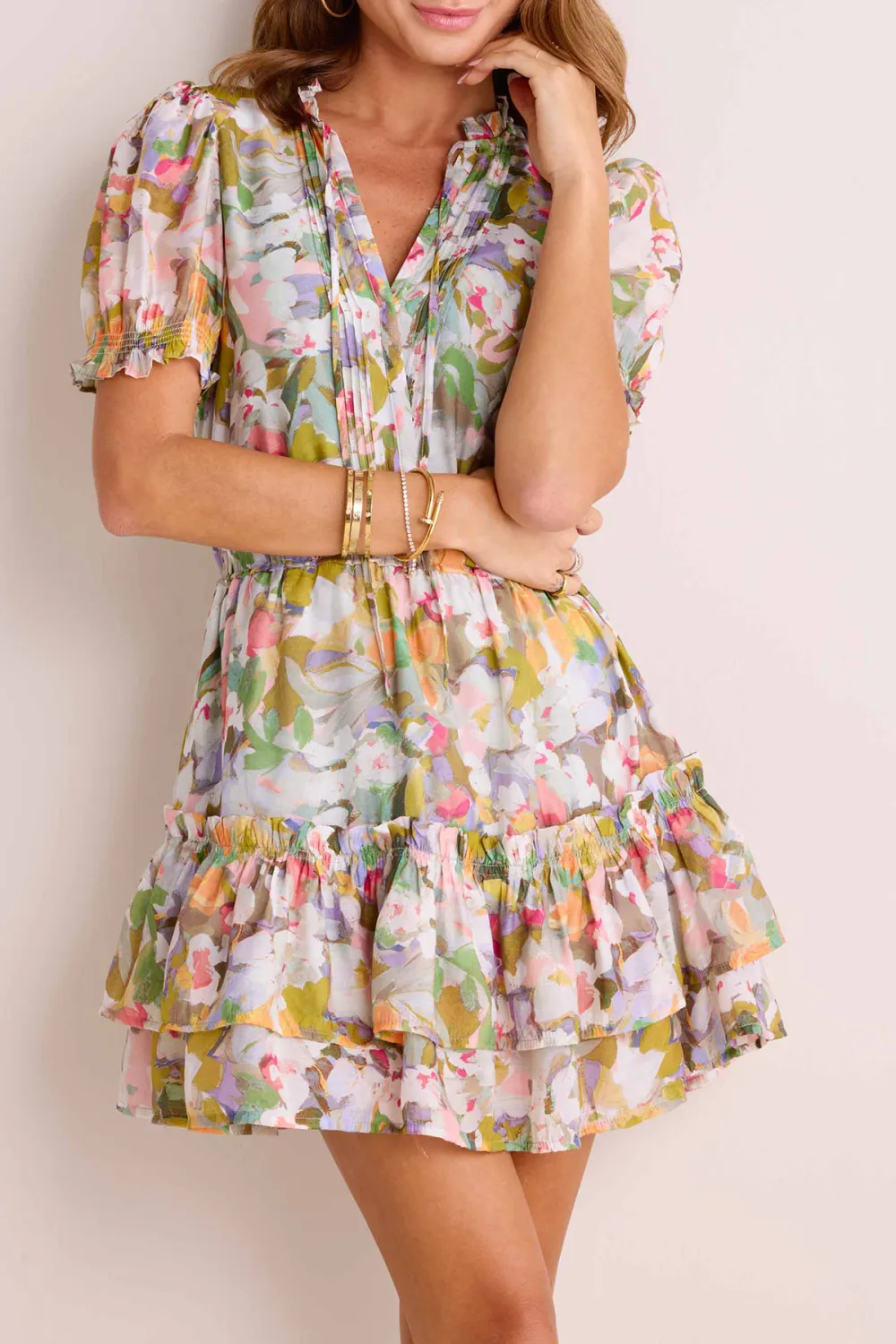 Multicolored Floral Print V-Neck Puff Sleeve Ruffled Dress