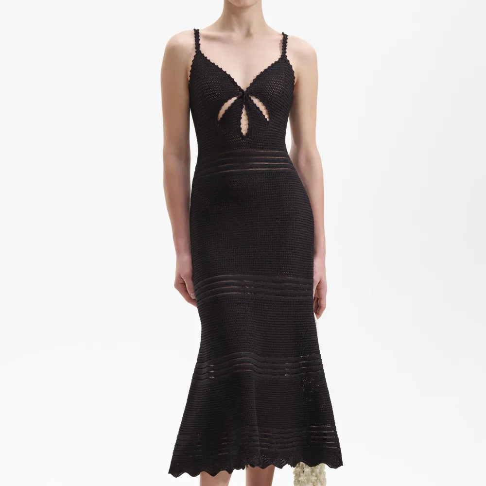 Black Crochet Cut Out Midi Dress