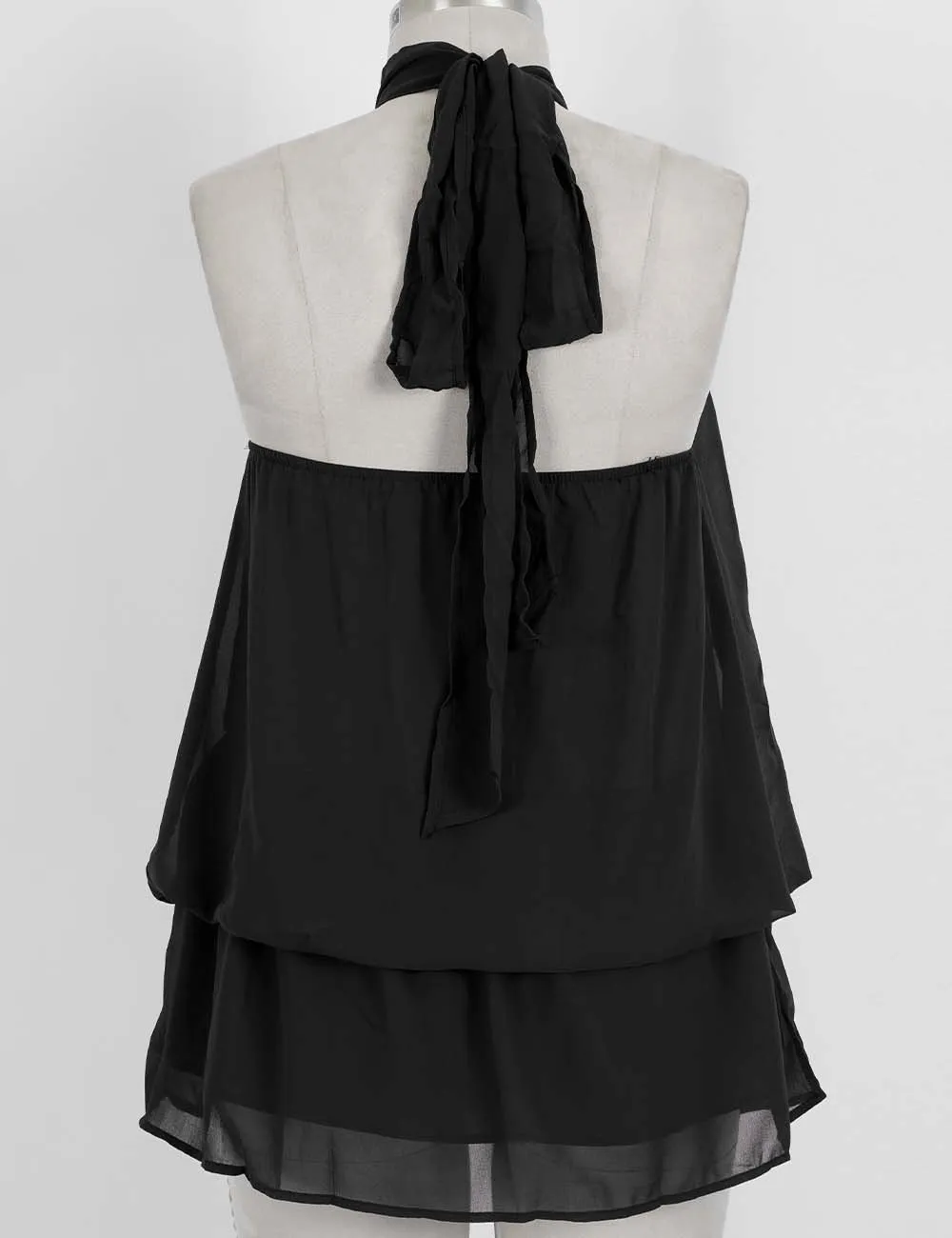 Chiffon Stand Neck Solid Color Ruffle Hem Sleeveless Top