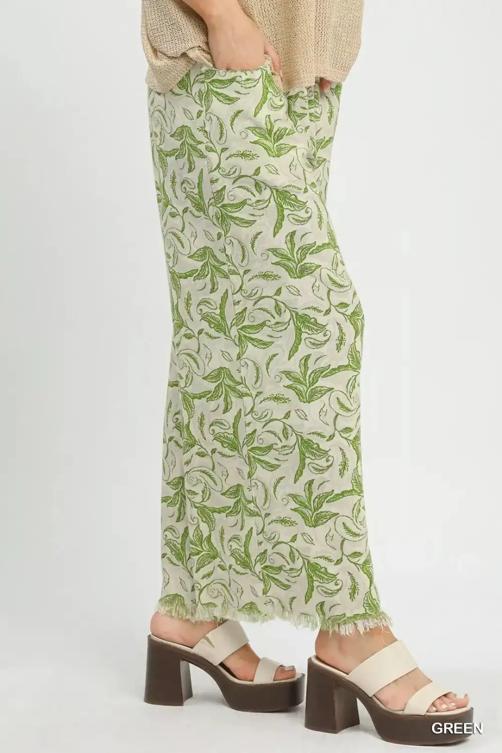 Everyday Linen Printed Wide Leg Raw Hem Pants