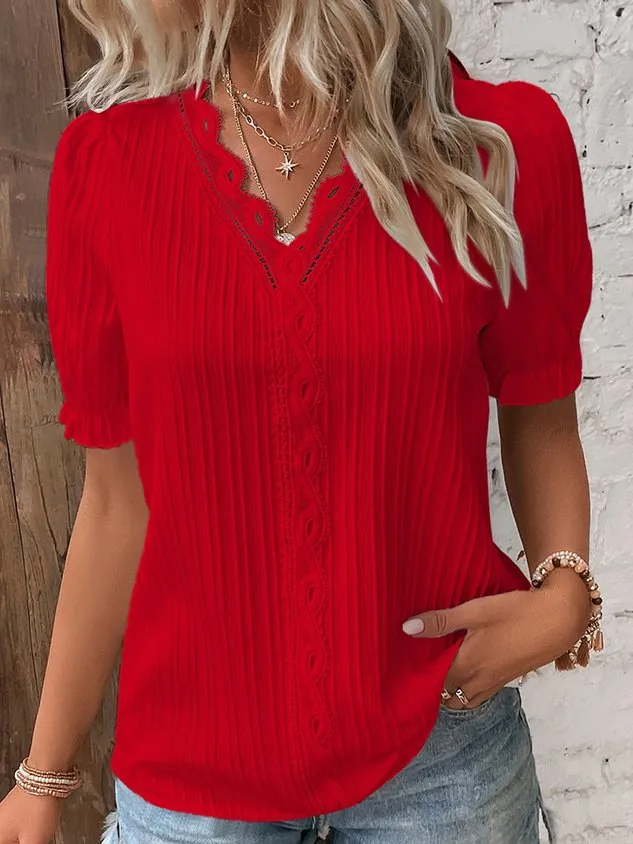 V Neck Plain Lace Elegant Shirt