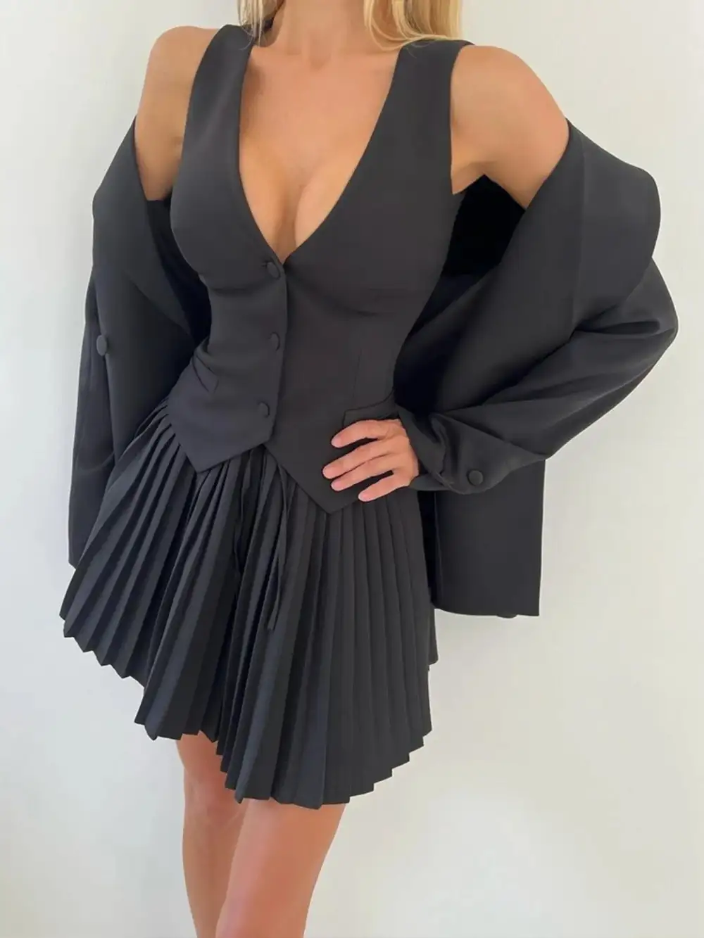 Modern Button Front Pleated Detail Coordinated Set