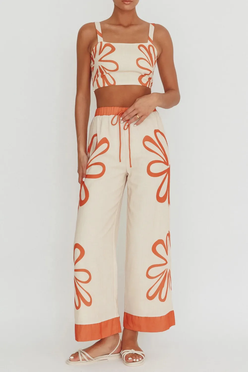 Soft Elastic Waist Plant Print Ladies Wide Leg Pants