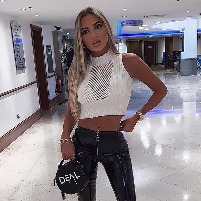 New ins hollow solid color knitted hot girl short navel-exposing vest