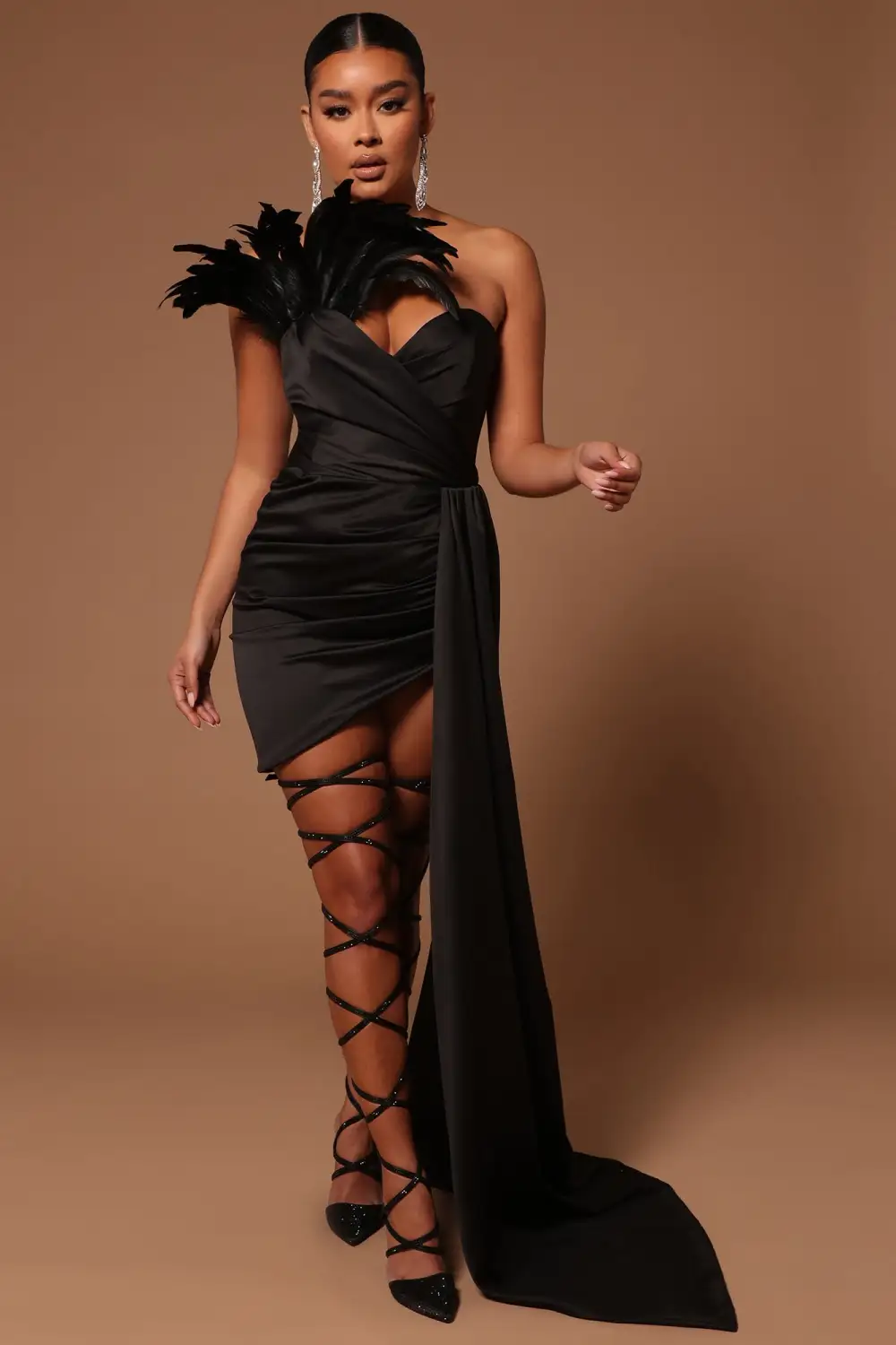 Bernadette Feather Satin Mini Dress - Black