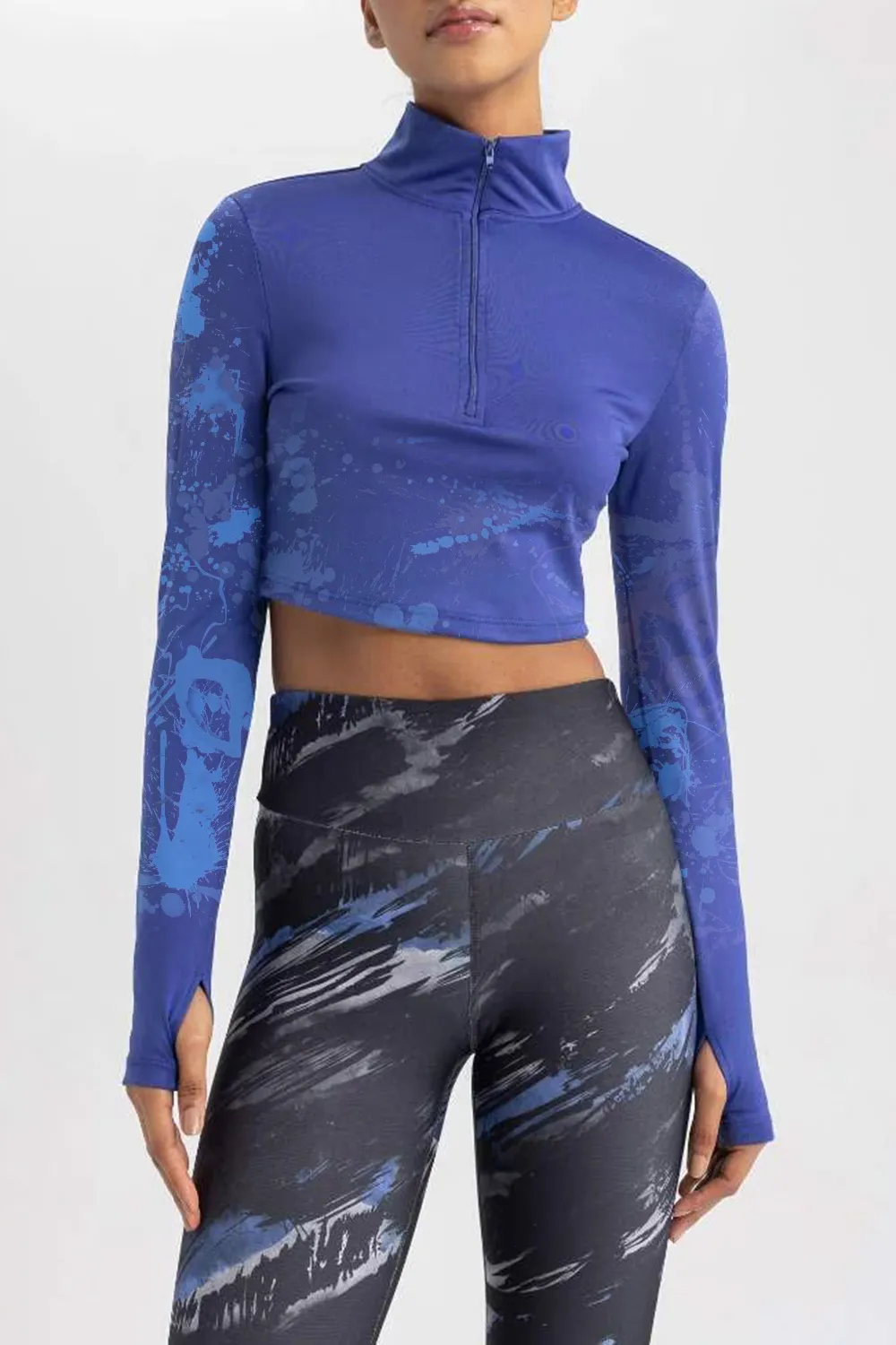 Crop Zip-Up Turtle Neck Long Sleeve T-Shirt