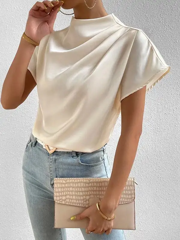 Relaxed Short Sleeve Pleat Detail Mock Neck T-Shirt
