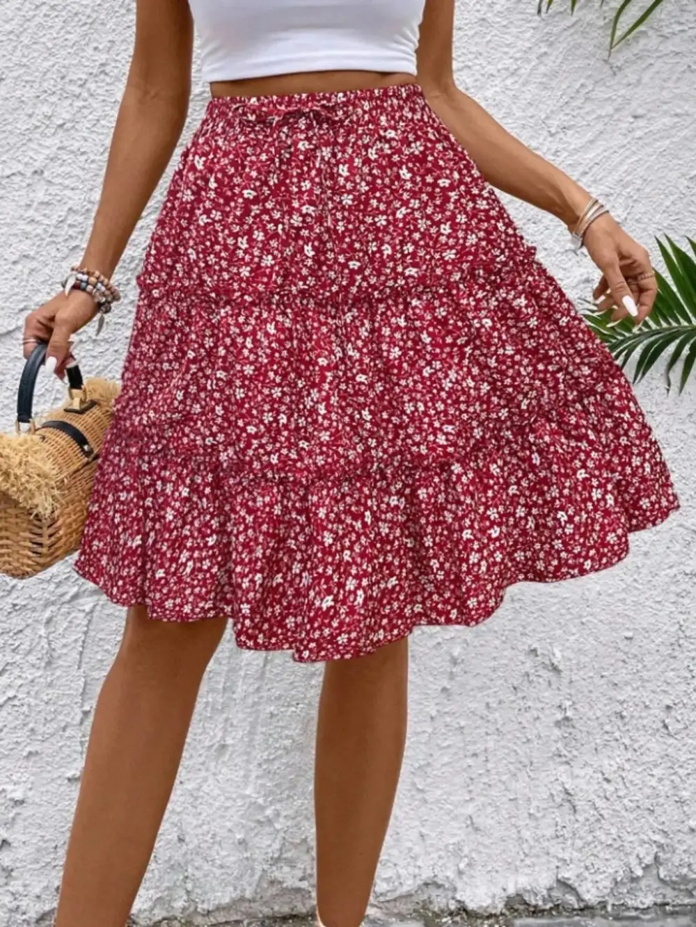 Textured Ruffle Trim Printed Silhouette Skirt