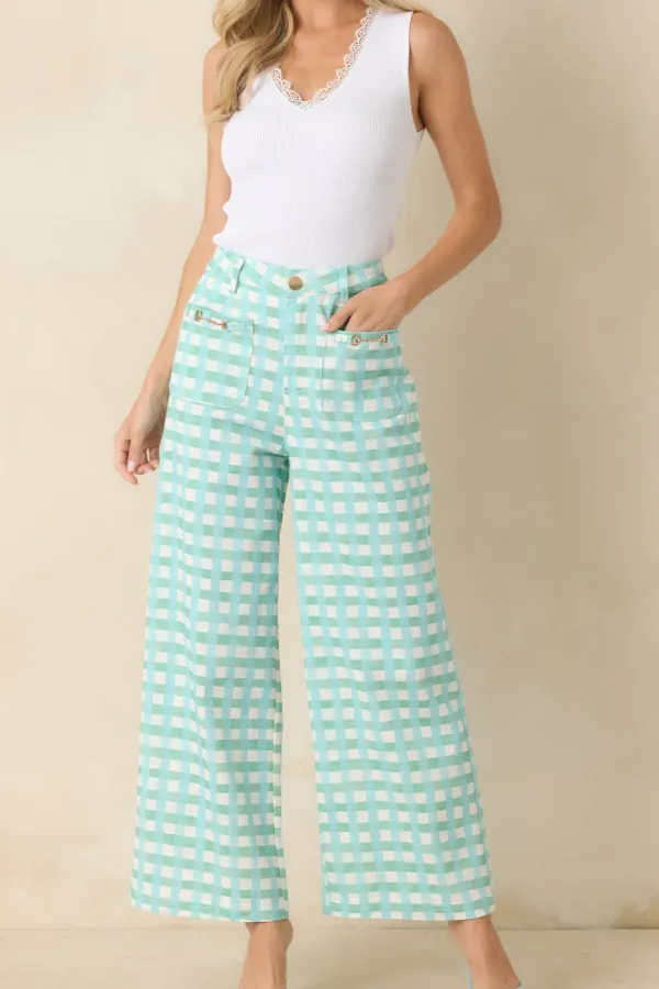 Aqua Mint Gingham Cotton Wide Leg Pants