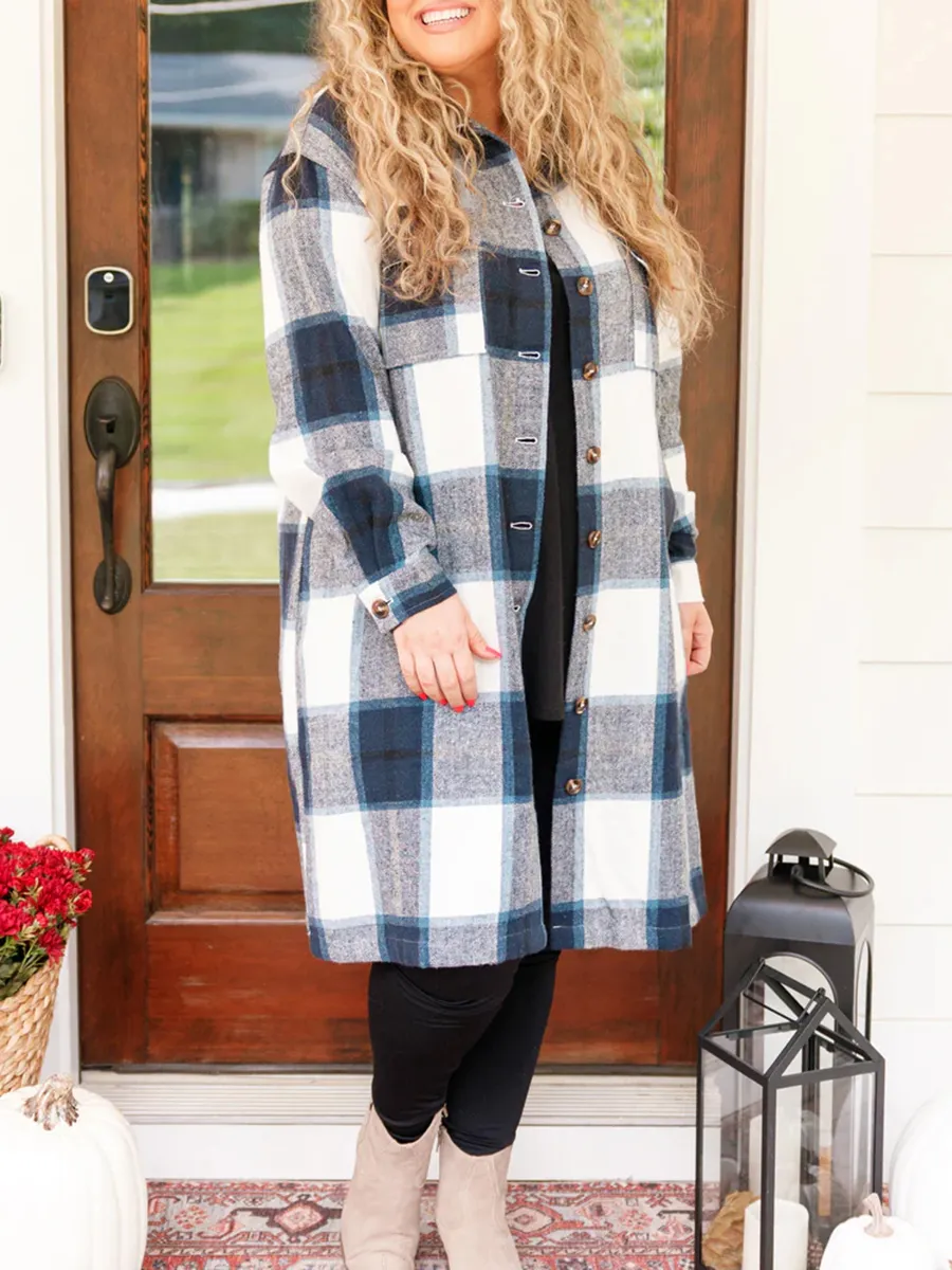 Contrast plaid button mid length jacket