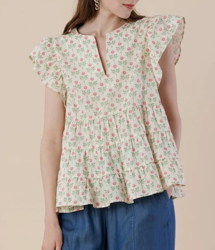 Floral Flutter Sleeve Tiered Blouse