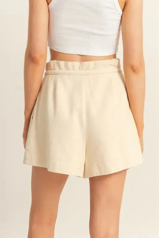 High Waisted Washed Twill Paperbag Shorts