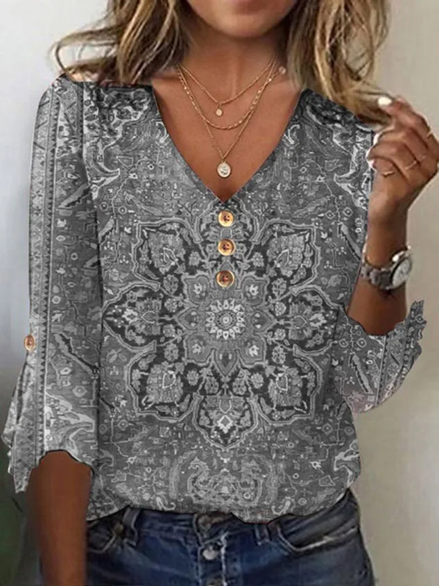 Casual Ethnic V Neck Three Quarter Sleeve T-shirt