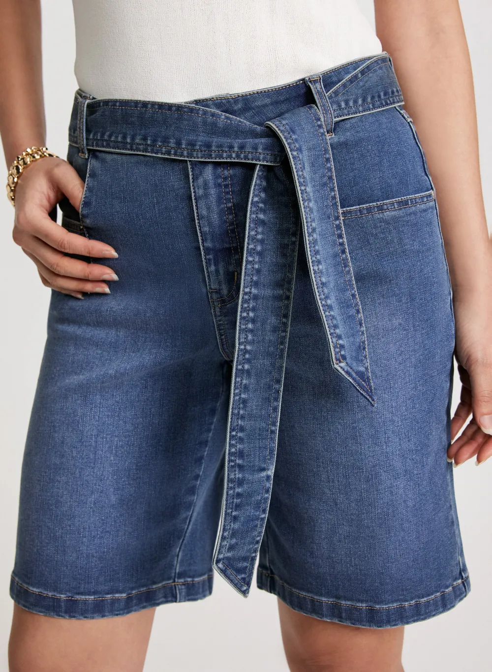 Casual Denim Shorts With Tie-Strap Detail