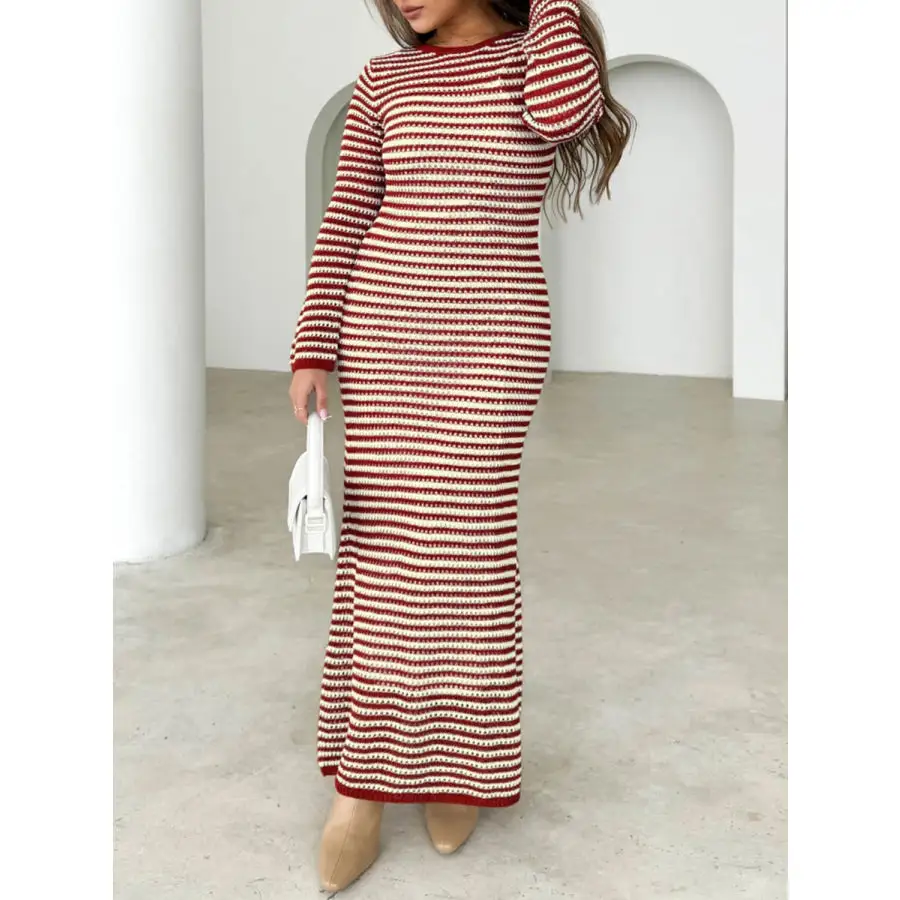 Devine Tied Round Neck Striped Sweater Dress