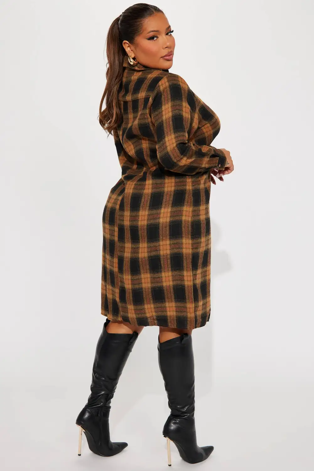 Fall Flannel Midi Dress - Camel/combo