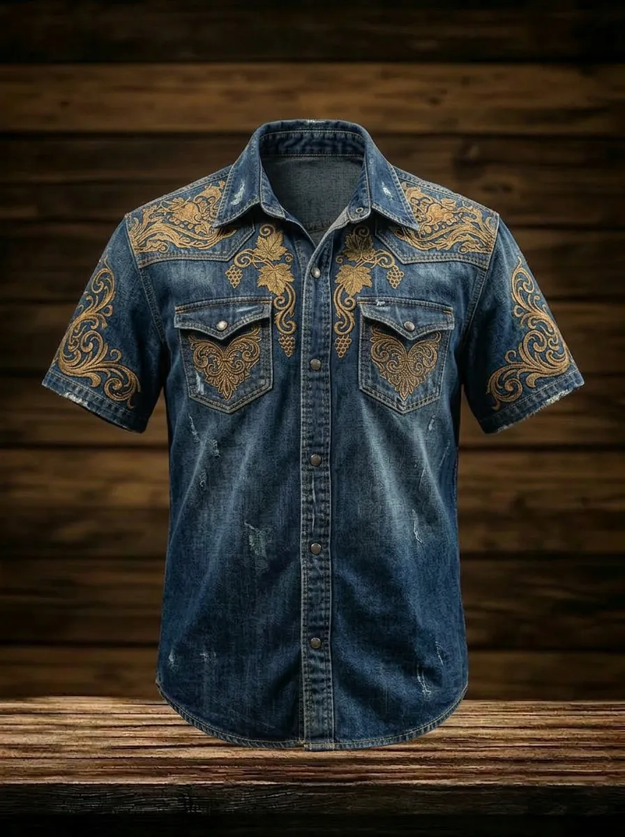 Men's Western Cowboy Floral Embroidery Printed Denim Shirt