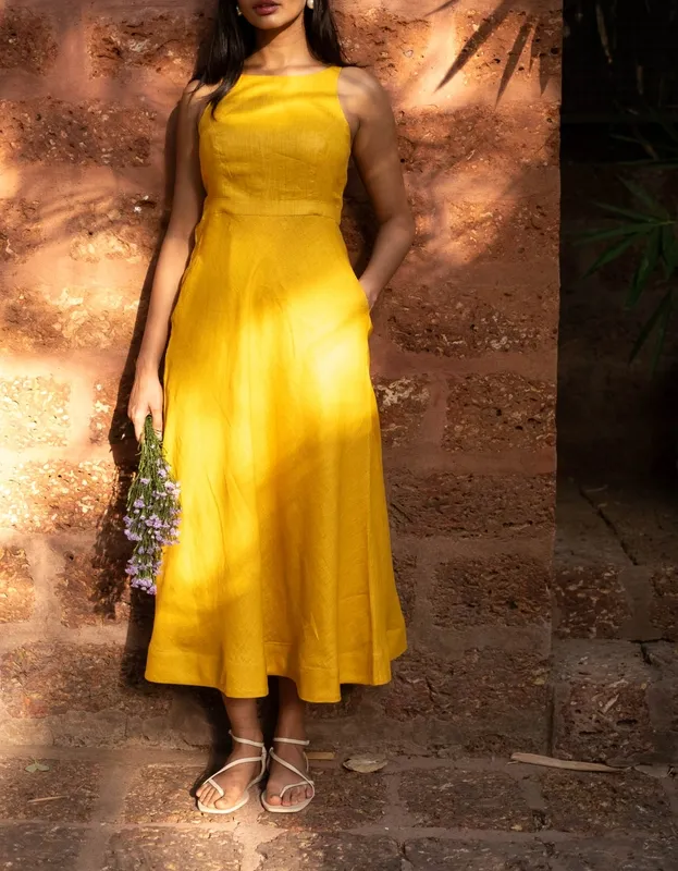 Mustard Linen Cutaway Maxi Dress