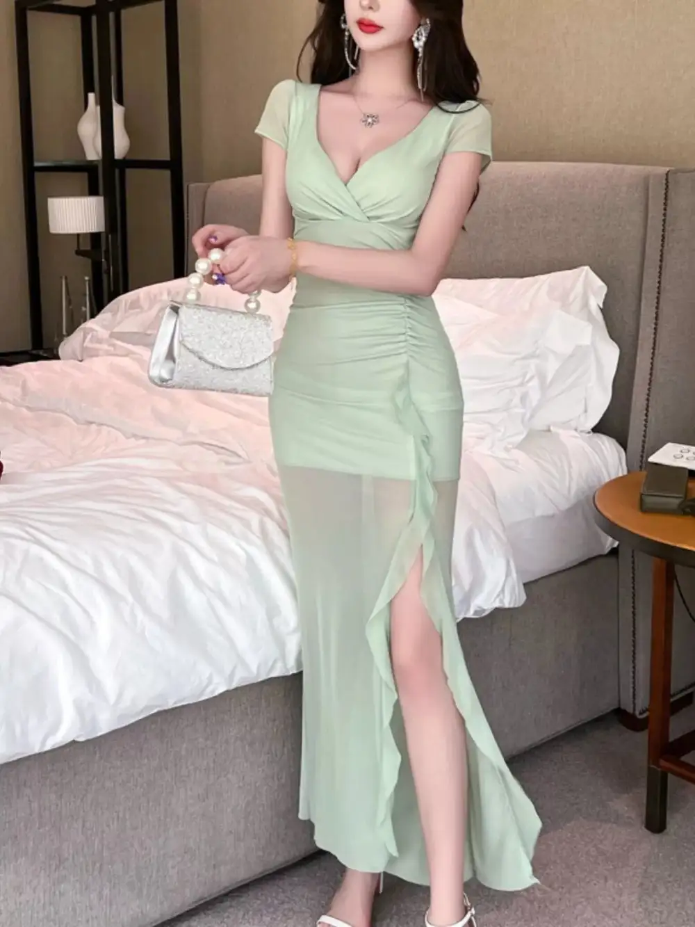 Tie Dye Surplice Ruffle Slit Dress
