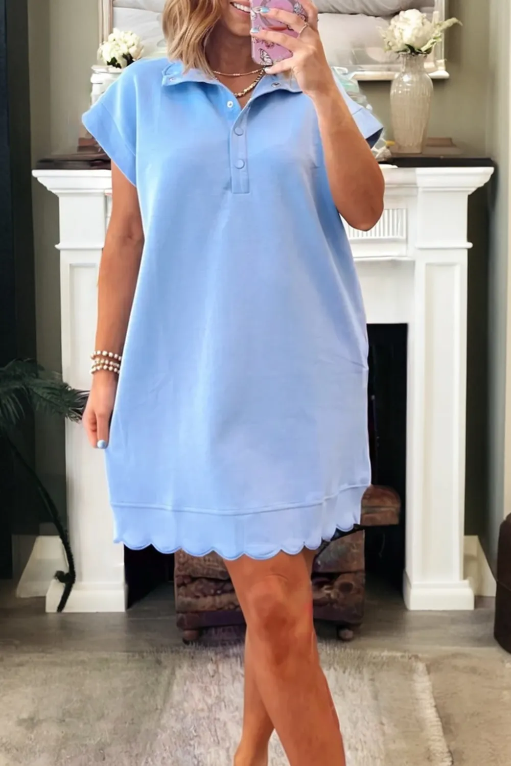 Buttoned Collared Sleeve Scalloped Mini Dress