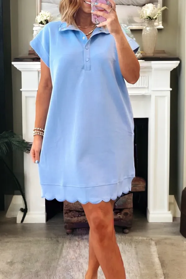 Buttoned Collared Sleeve Scalloped Mini Dress