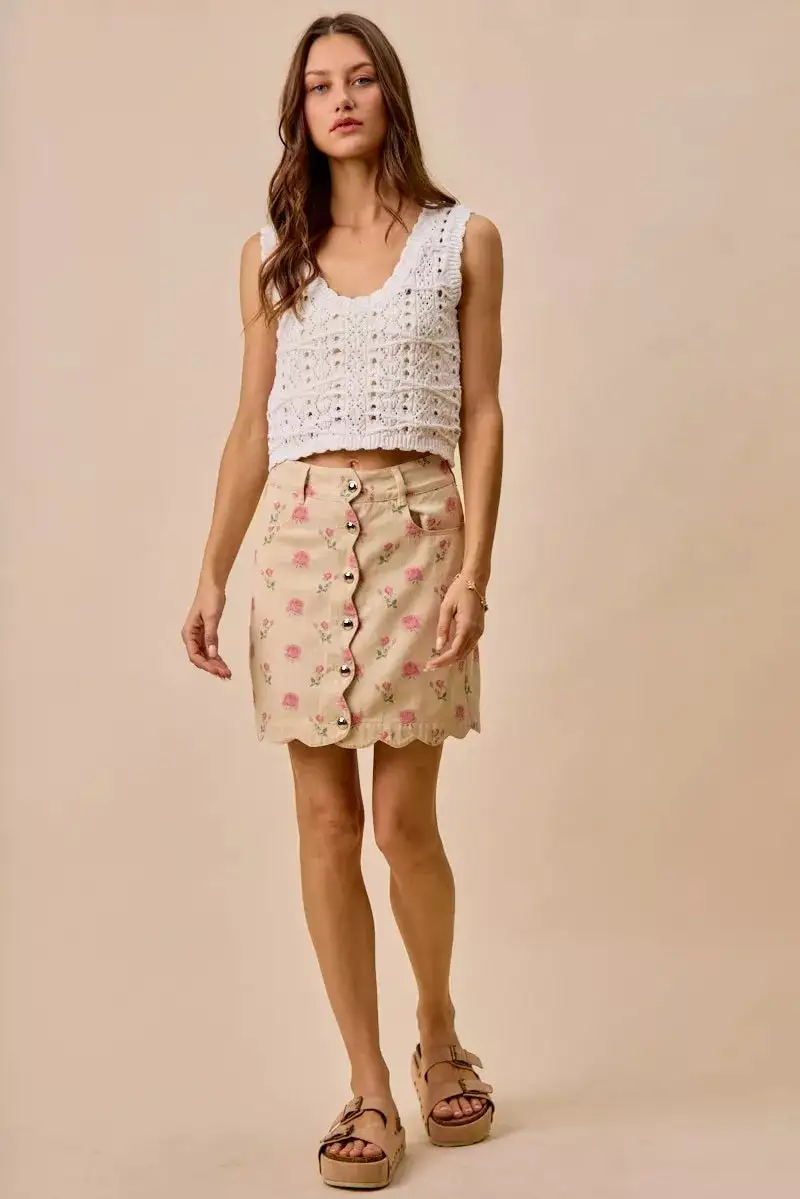 Button Front Cotton Blend Skirt