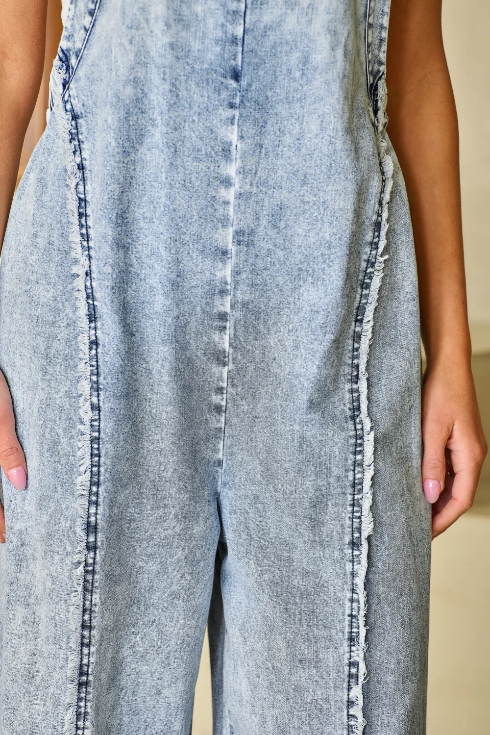 Beau Blue Light Wash Frayed Exposed Seam Wide Leg Denim Overall