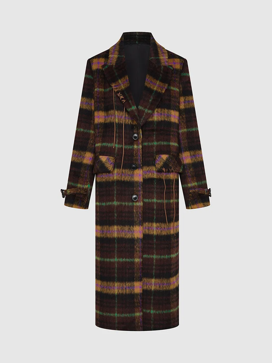 A Long Casual Brown Checkered Coat For Women