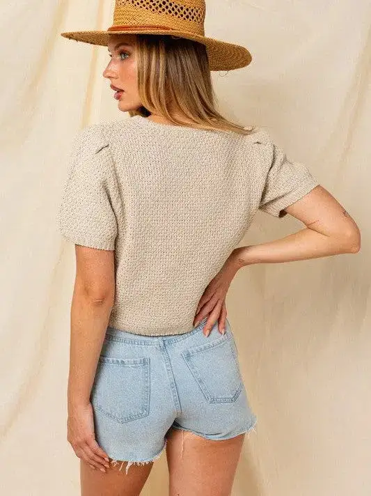 Brown Sugar Oatmeal Puff Sleeve Textured Sweater Top