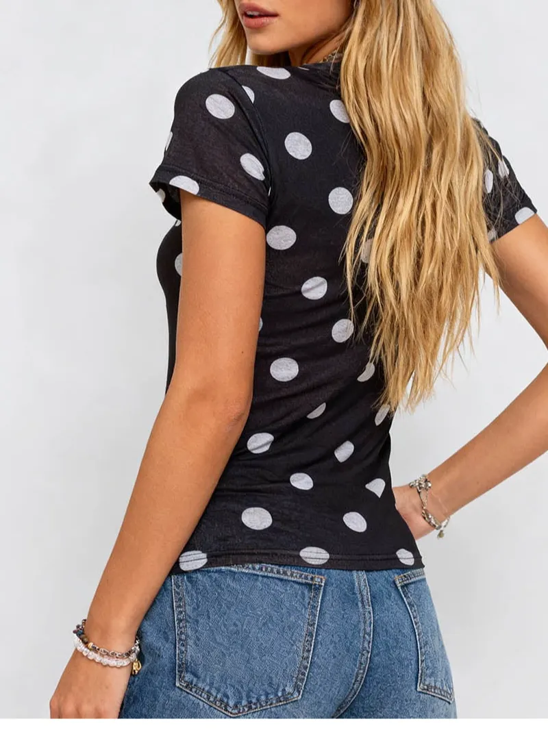 Chic Polka Dot Round Neck Short Sleeves Top