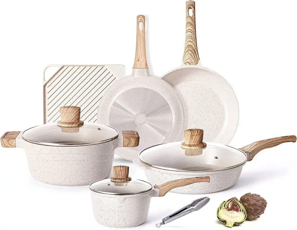 Pots and Pans Set - Caannasweis Kitchen Nonstick Cookware Sets Granite Frying Pans for Cooking Marble Stone Pan Sets Kitchen Essentials 11 Piece Set Beige