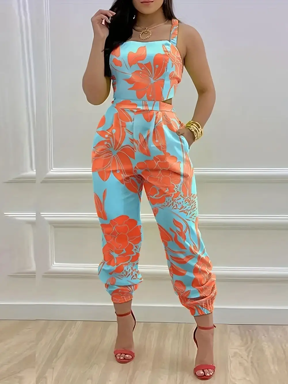 Floral Jogger Jumpsuit: Spring/Summer Style (Tie Back, Sleeveless)